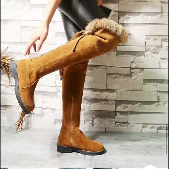 Brown Vegan Suede Faux Fur Lined Over The Knee Knee High Zip Boots - Picture 5 of 8